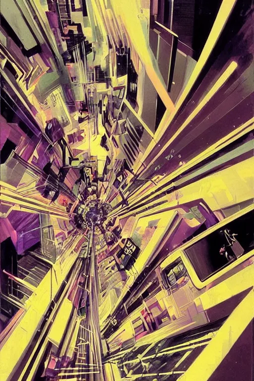 Prompt: wideangle exploding tensor fields, cybernetic, subway crowd, madness, decoherence, synthwave, glitch!!, fractured reality, vortex, realistic, hyperdetailed, concept art, art by syd mead, cubism