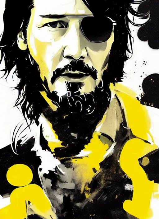 Image similar to highly detailed closeup portrait of cool keanu reeves, wavy hair, jhonny depp, black suit by atey ghailan, by greg rutkowski, by greg tocchini, by james gilleard, by joe fenton, by kaethe butcher, gradient yellow, black and white color scheme, grunge aesthetic!!! ( ( graffiti tag wall background ) )