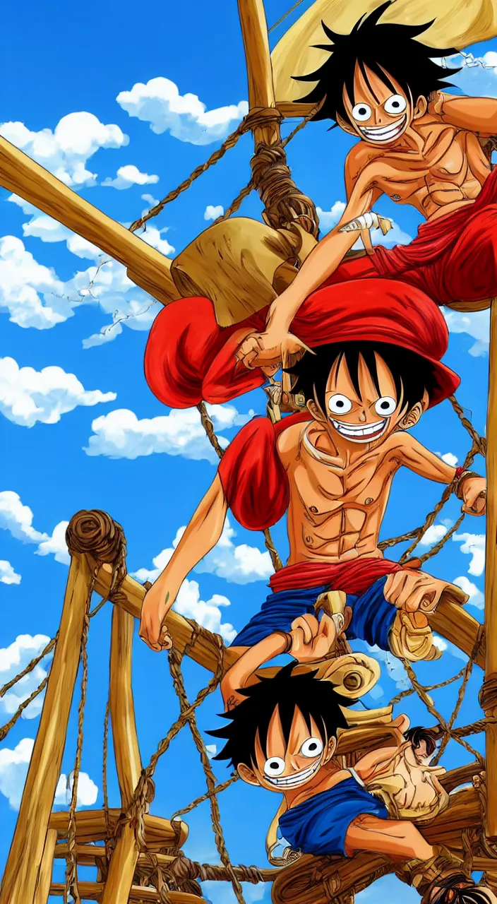 Prompt: monkey d luffy from the anime one piece on a pirate ship