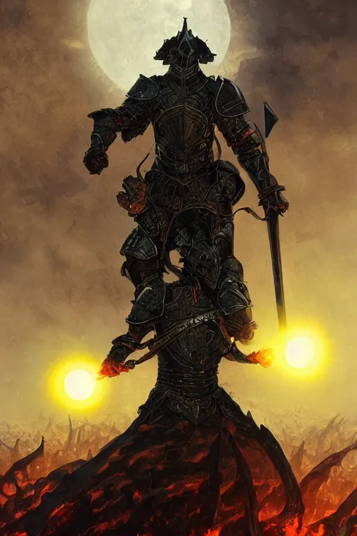 Prompt: a knight in black armor stands in front of a solar eclipse in a hellish landscape of ash and fire surrounded by a field of swords, intricate, highly detailed, artstation, concept art, illustration, sharp focus, art by ralph horsley, greg rutkowski, and alphonse mucha