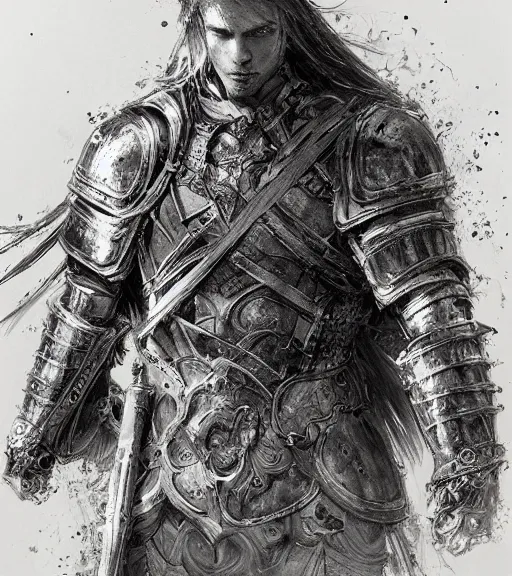 Image similar to portrait of long hair blond man in armor, pen and ink, intricate line drawings, by craig mullins, ruan jia, kentaro miura, greg rutkowski, loundraw