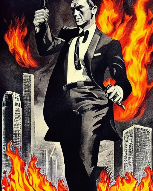 Prompt: “ a james bond style pulp poster illustration of handsome big tex on fire, movie premiere poster, close up, portrait, dramatic, 1 9 6 0 s, highly detailed ”