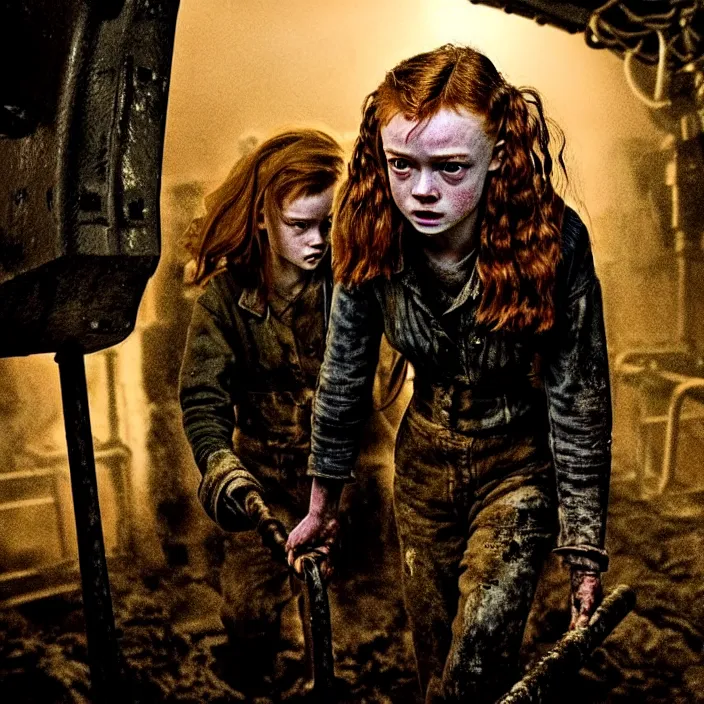 Prompt: sadie sink as a miner pushes a mine cart, emerges from the darkness. set in a dark coal mine. storyboard, scifi cyberpunk. by gabriel hardman, joe alves, chris bonura. cinematic atmosphere, detailed and intricate, perfect anatomy