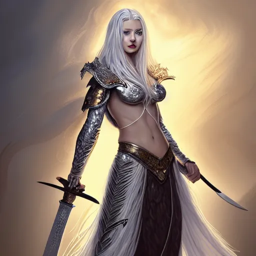 Image similar to full body painting of a woman with flowing luscious glowing white hair standing whilst holding a sword, wearing intricate plate - armor and leather underneath. intricate, elegant, highly detailed, digital painting, artstation, concept art, smooth, sharp focus, illustration, by terry wei, qiu fang, tooth wu, kan liu, siwoo kim, jisu choe