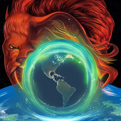 Prompt: the demiurge, a giant snake with the head of a lion, floating in space looking down on the earth beneath it, in flames. detailed digital art