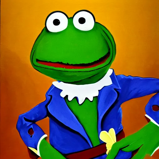 Image similar to Painting of Kermit the Frog from Sesame Street fighting in the Revolutionary War. Painting is in the style of Don Troiani.