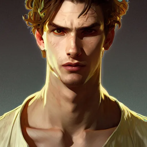 Image similar to character concept portrait, symmetrical head-on centralized, tired young man wearing tattered clothes. Detailed, high quality, dynamic lightning, fantasy. Artwork by Artgerm, WLOP, Alex Ross, Greg Rutknowski, Alphonse Mucha