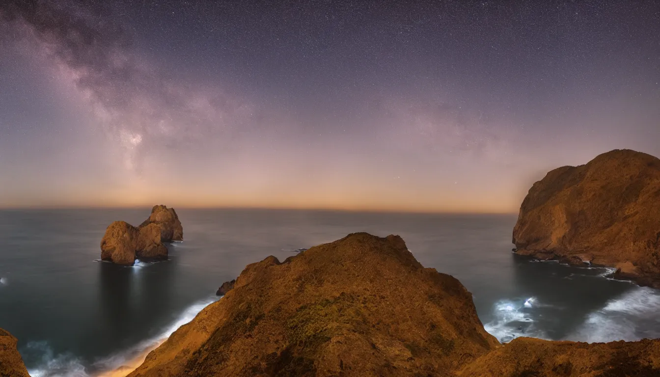 Image similar to coast of Lima, Peru at dusk with a Milky Way sky photographed in 4K, photorealistic