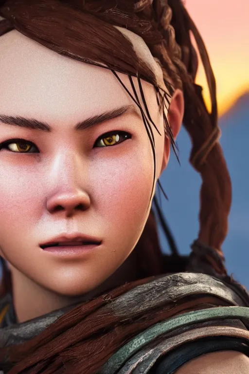 Image similar to aloy from horizon : forbidden west at night. photoreal, closeup portrait. shallow depth of field field.