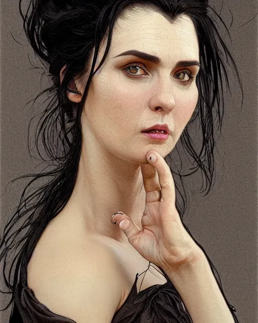 Image similar to portrait of a tall 4 0 - year - old woman with thin lips, long, lush unkempt black hair, and thick eyebrows, wearing in black clothes, hyper realistic face, beautiful eyes, close up, fantasy art, in the style of greg rutkowski, intricate, alphonse mucha, hyper detailed, smooth