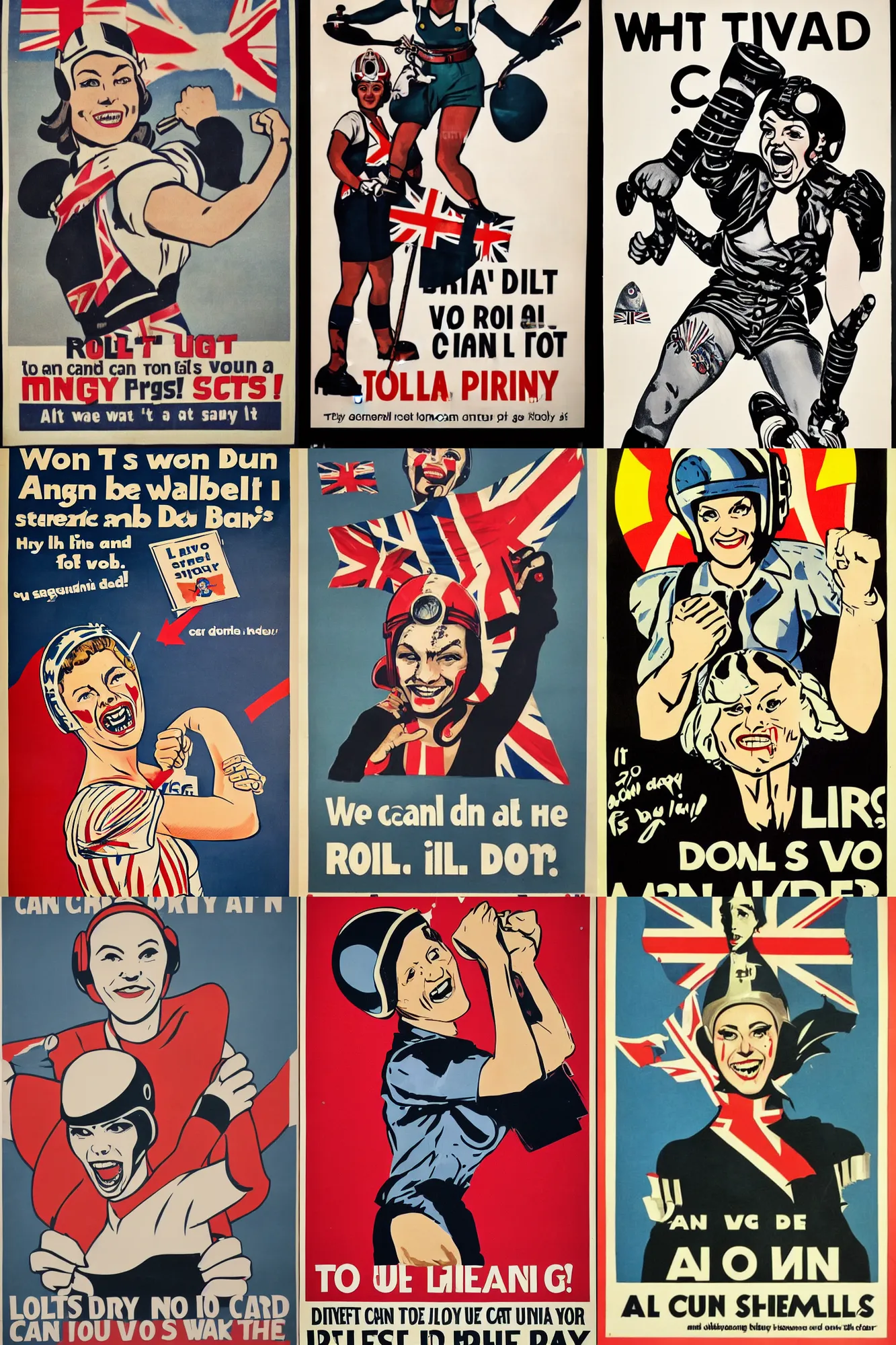 Prompt: british propaganda poster, roll sleeves up, we can do it, wearing roller derby helmet, tattoos, angry smile