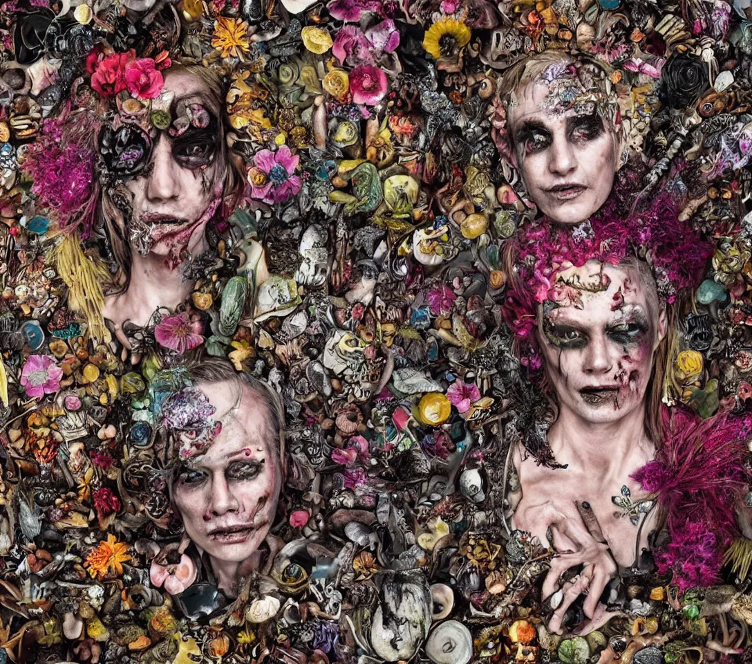 Prompt: hyper - realistic portrait of a punk rock zombie turning into flowers fruit and mushrooms, covered in crystals and glitter, botanical background, vanitas, still life, atmospheric lighting, sculptural, highly intricate detail