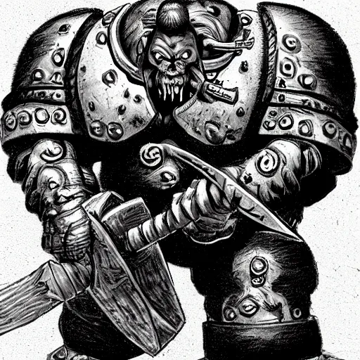 Prompt: ogre irongut with a battle axe in the style of warhammer fantasy : : head and torso drawing
