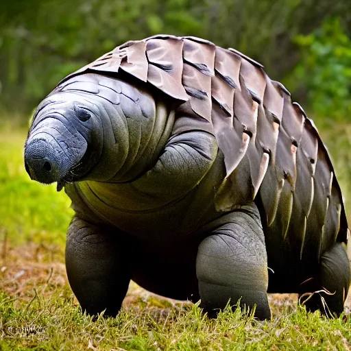 Image similar to a Manatee with the armor of a pangolin, national geographic photograph