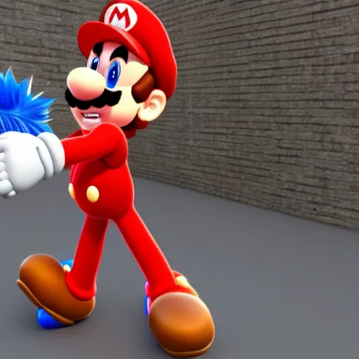 Prompt: a 3 d render of mario wearing a sonic suit, blue spiky hair