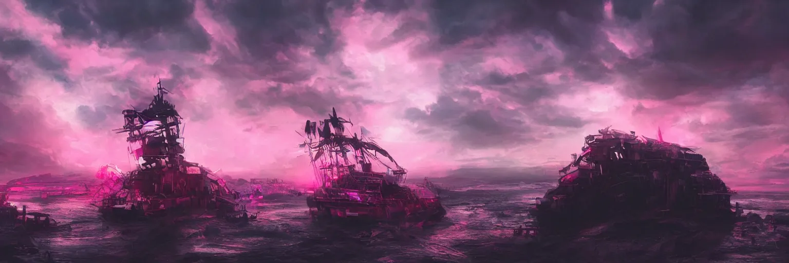 Image similar to hyperdetailed illustration, portrait big dark dog, mohawk, stars, pink, neon, oil painting, rich deep colors masterpiece, pirate neon ship, ultra detailed, contrast, heaven pink, clouds, volumetric light, atmospheric lighting, dramatic, cinematic, moody, octane render 4 k, 8 k