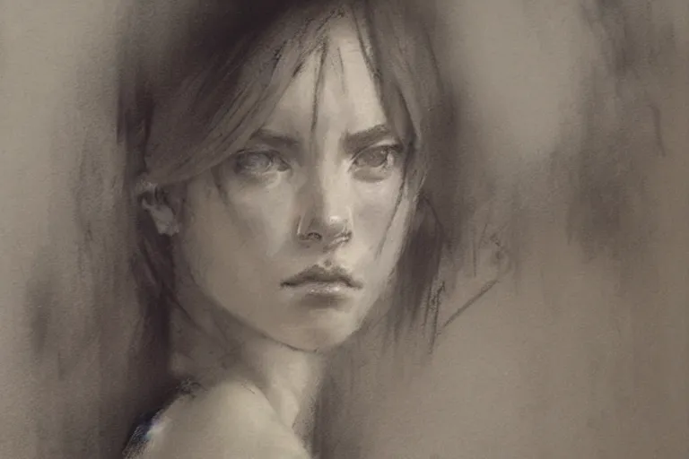 Image similar to a young lady by jeremy mann and greg rutkowski, graphite sketch on paper