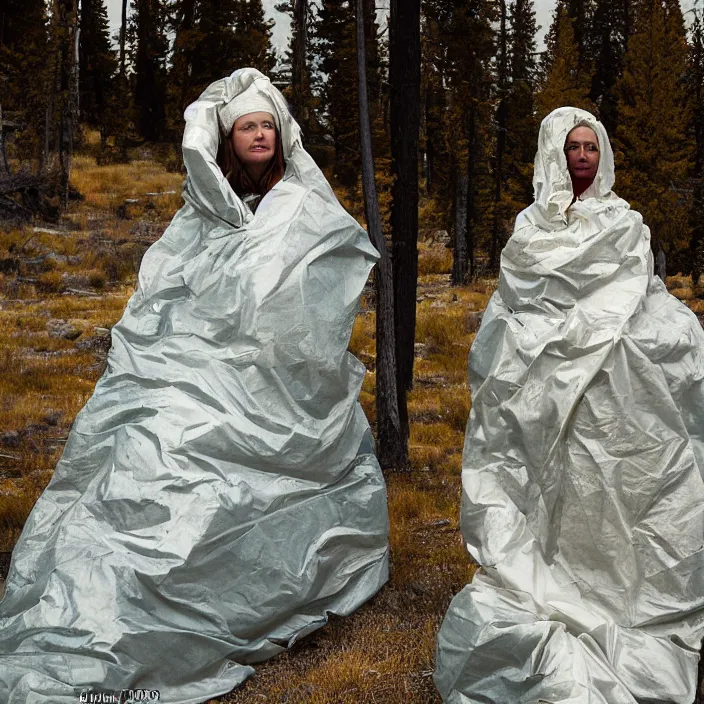 Prompt: a color photograph, closeup portrait of a woman wrapped in plastic, in grand yellowstone national park in wyoming, color photograph, by vincent desiderio, canon eos c 3 0 0, ƒ 1. 8, 3 5 mm, 8 k, medium - format print