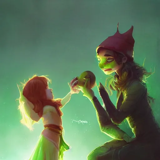 Image similar to a girl accepting an apple from a green skinned witch, by Jordan Grimmer and greg rutkowski, crisp lines and color,