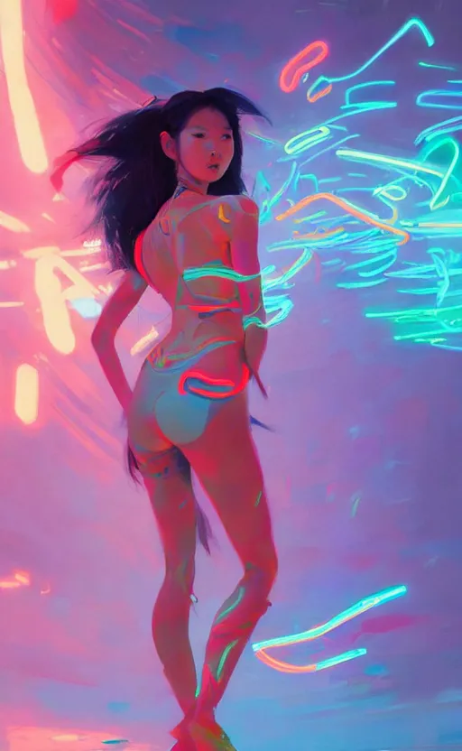 Prompt: ethnic asian girl wearing a skimpy clothes, digital illustration by ruan jia on artstation, outlined by whirling illuminated neon lines and fine lines swirling in circles by jesper ejsing and rhads and makoto and shinkai and lois van baarle, digital art, trending on artstation