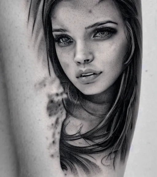 Image similar to a beautiful girl portrait, faded mountain background, realism tattoo, in the style of den yakovlev, black and white, hyper realistic, highly detailed