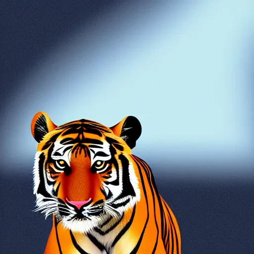 Image similar to tiger walking with backdrop showing the sky, palm tres. the tiger has sharp claws and teeth. in geometric illustration style