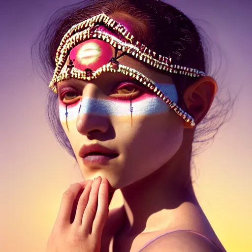 Image similar to photographic portrait of a stunningly beautiful renaissance female in traditional hopi dress, white irises and dark eye makeup, in soft dreamy light at sunset, god rays, contemporary fashion shoot, by edward robert hughes, annie leibovitz and steve mccurry, david lazar, jimmy nelsson, extremely detailed, hyperrealistic, perfect face, octane render