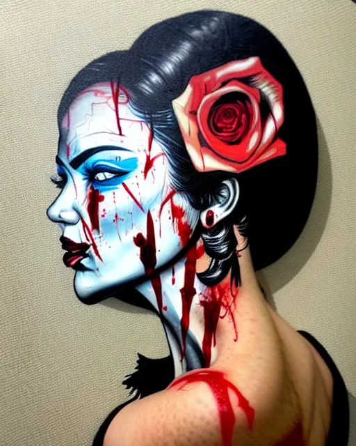 Image similar to horror with blood, rose and a pistol with sea and ocean in the background intricate details side profile by Sandra Chevrier