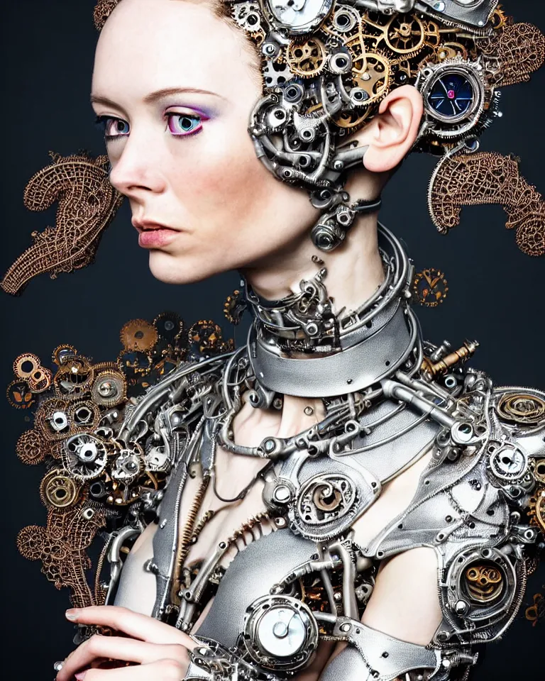 Prompt: highly detailed full body portrait of a complex bio-mechanical beautiful young female cyborg with a steampunk metal fine lace face, retrofuturistic depressing hopeless horrific vibe, full shot, pale skin, curled silver metallic hair and a fine metal floral foliage lace collar by Alexander McQueen:: high fashion, haute couture, rococo, steampunk, fine silver filigree details, anatomical, facial muscles, cable wires, microchip, elegant, hyper realistic, 150 mm lens, soft rim light, octane render, unreal engine, volumetric lighting, 8k, muted reflective metallic coloring, sharp focus