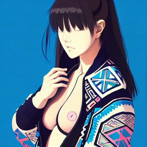 Image similar to a beautiful plus sized model japanese natalie portman, alluring, wearing oversized mayan bomber jacket and leotard with overalls, bulky poofy bomber jacket with mayan patterns, aztec street fashion, gapmoe yandere grimdark, trending on pixiv fanbox, painted by greg rutkowski makoto shinkai takashi takeuchi studio ghibli, akihiko yoshida