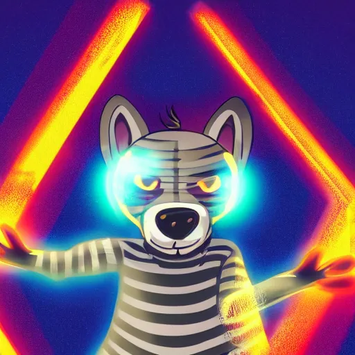 Prompt: furry anthro canine with stripes shooting electricity, hero pose, drawn, comic style, lens flare, magic effects, motion blur, chromatic aberration, detailed, 4 k