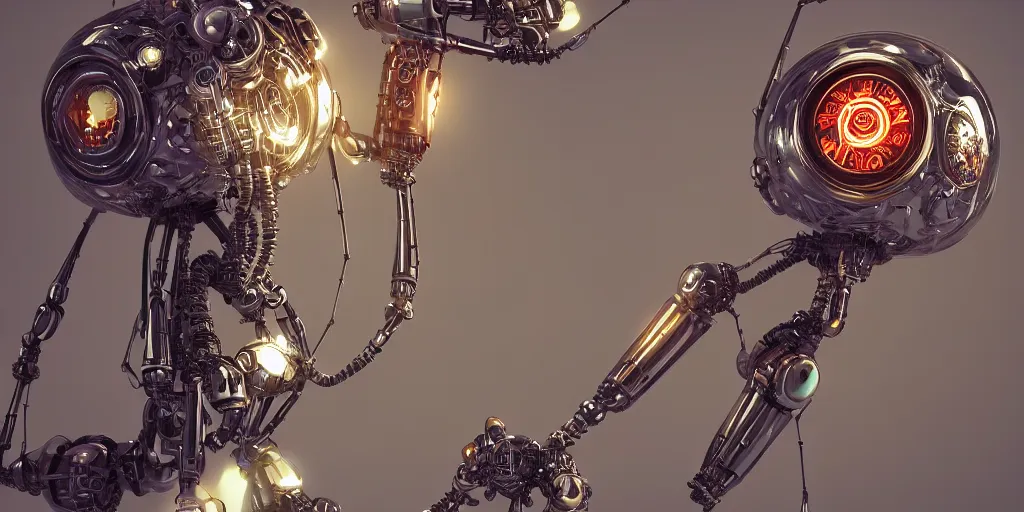 Prompt: nixie tube robot with robot spider legs, ornate, hyper realism, reflections, intricate, realistic, digital art, detailed, studio shot, unreal engine 5, octane, high definition, artstation, concept art, behance