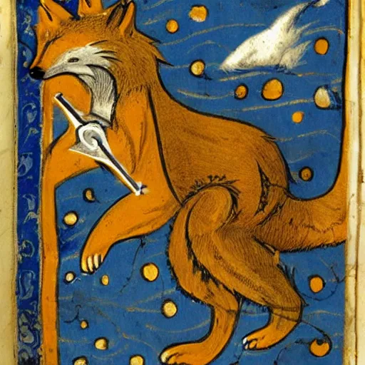 Prompt: anthropomorphic fox who is a medieval knight standing steadfast towards a stormy ocean, illuminated manuscript