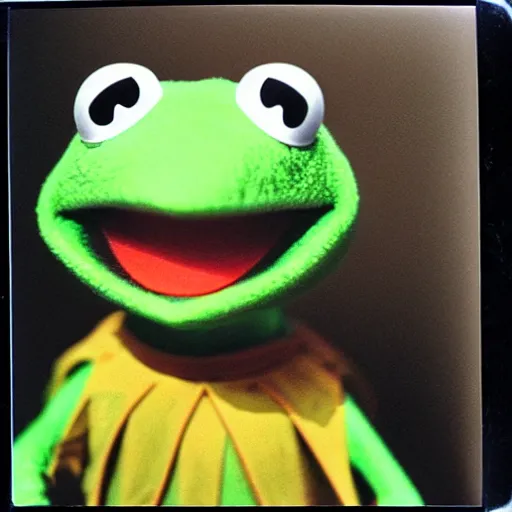 Prompt: Kermit the frog as sith, polaroid photo, instax, white frame, by Warhol,
