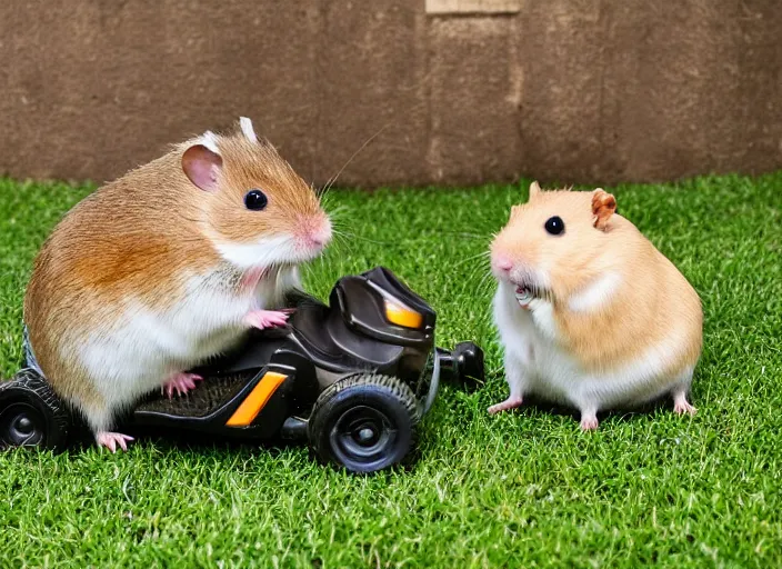 Prompt: hamster sitting on riding lawn mower
