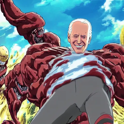 Prompt: joe biden, as the colossal titan, stomping a florida mansion with massive foot, attack on titan, anime key visual, wit studio official media, beachfront mansion, huge mansion, giant stomping foot