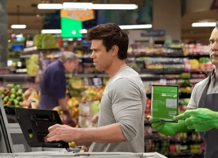 Prompt: film still of hulk working as a cashier in a grocery store in the new avengers movie, 4 k