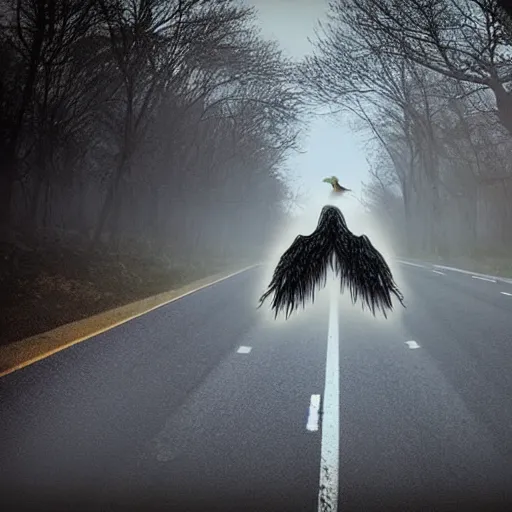 Image similar to creepy lovecraftian angel in the road, taken with car dash camera, real photo