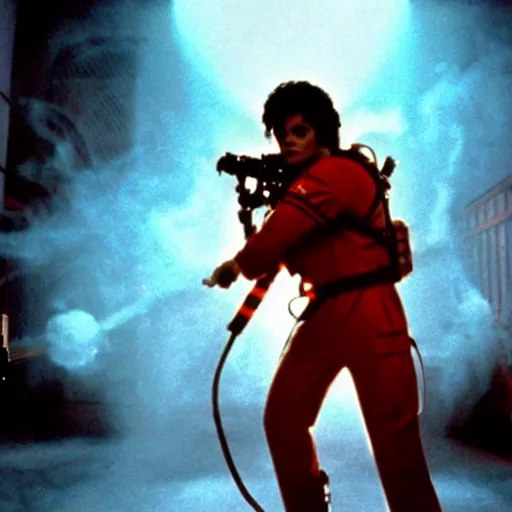 Image similar to stunning awe inspiring michael jackson as a ghostbuster in the movie ghostbusters, movie still 8 k hdr atmospheric lighting