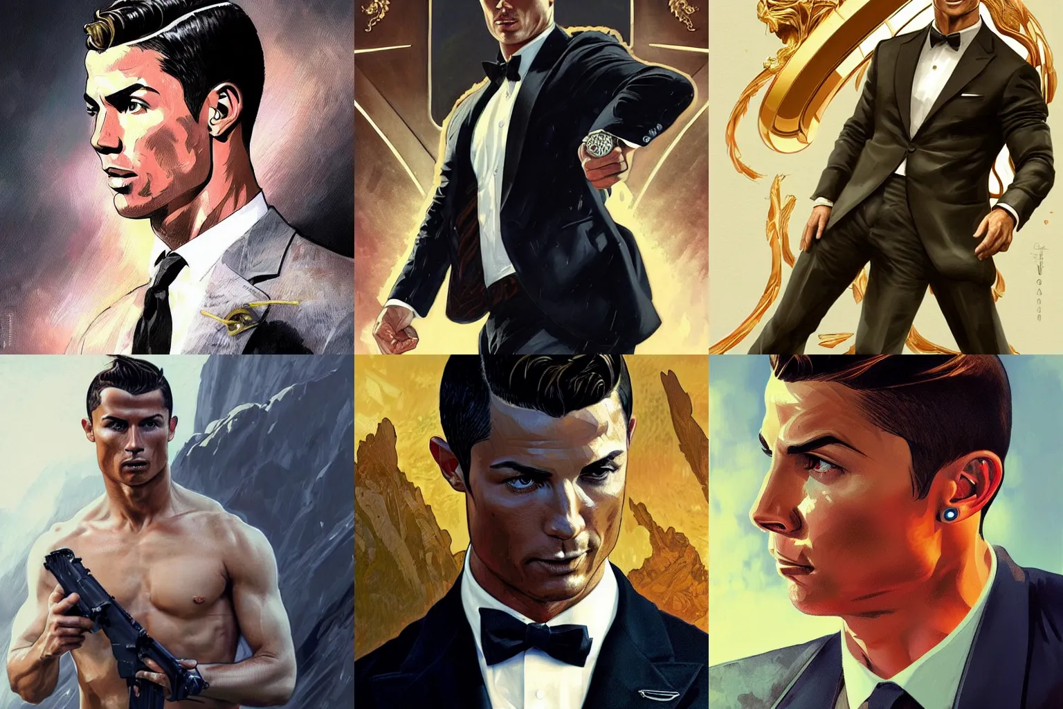 Prompt: Cristiano Ronaldo as James Bond, highly detailed character of digital fantasy, painted portrait, artstation, concept art, hard focus, illustrations, works by Artgerm and Greg Rutkowski, Alphonse Mucha and Craig Mullins, James Gene, Andrey Ryabovichev, Mark Simonetti and Peter Morbacher, 16 thousand