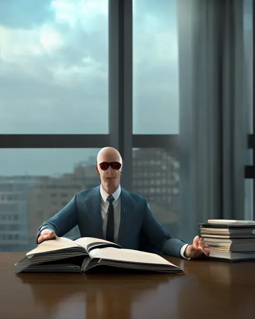 Prompt: a very high resolution image from a new movie, a weasel wearing a suit watching book in a shabby lawyer office, surrounded by water vapor and dim light summer unreal engine 5, hyper realism, realistic shading, cinematic composition, blender render, octane render, hdr, detailed textures, photorealistic, wide shot