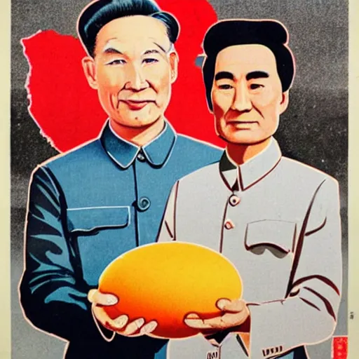 Prompt: chinese propaganda poster of mao zedong and bill nye eating eggs