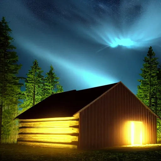 Prompt: a ultra realistic blue lightning arc over a cabin in the wood, by night. horror movie scene, stars in the sky. cow fences. complex, highly detailed, unreal engine 5, 8 k render