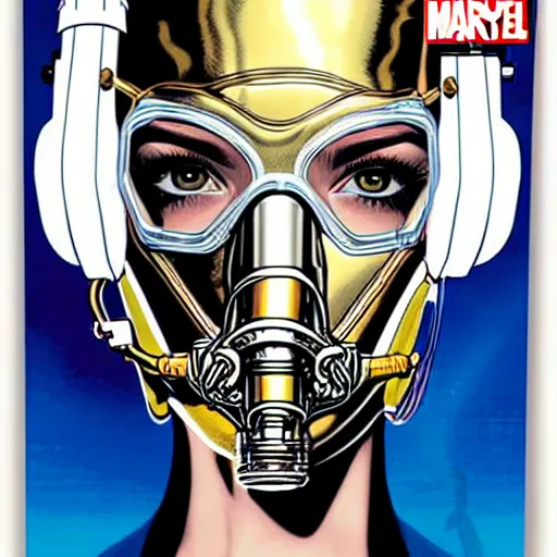 Image similar to portrait of a female diver with a oxygen mask intricate details on the carved metallic mask by MARVEL comics and Sandra Chevrier