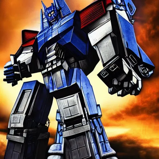 Prompt: optimus prime shooting at megatron, striking pose, robot huge, fly engines,