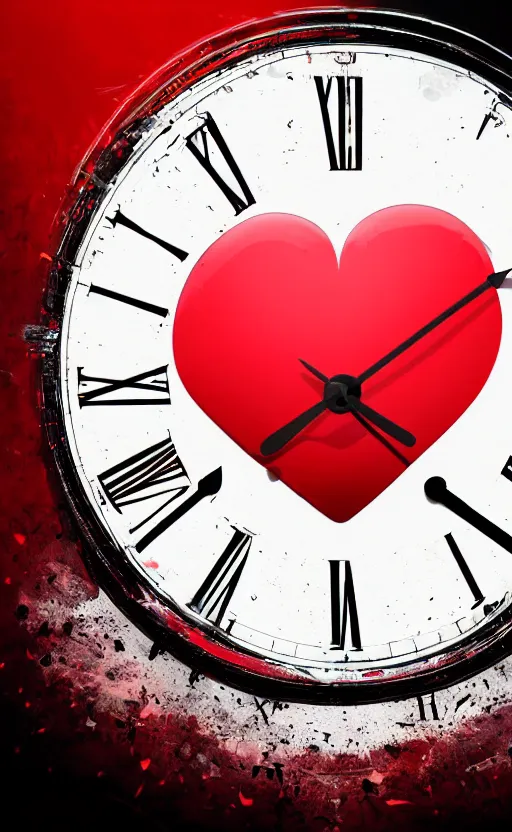 Image similar to a melting Roman numeral clock, behind a red and black gradient background, awith a black heart shaped on the top left corner and a black diamond card shape in the bottom right corner, dynamic lighting, photorealistic fantasy concept art, trending on art station, stunning visuals, cinematic, creative, ultra detailed