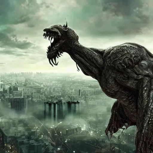 Prompt: a large, hideous monster looming over a city, scary, photorealistic