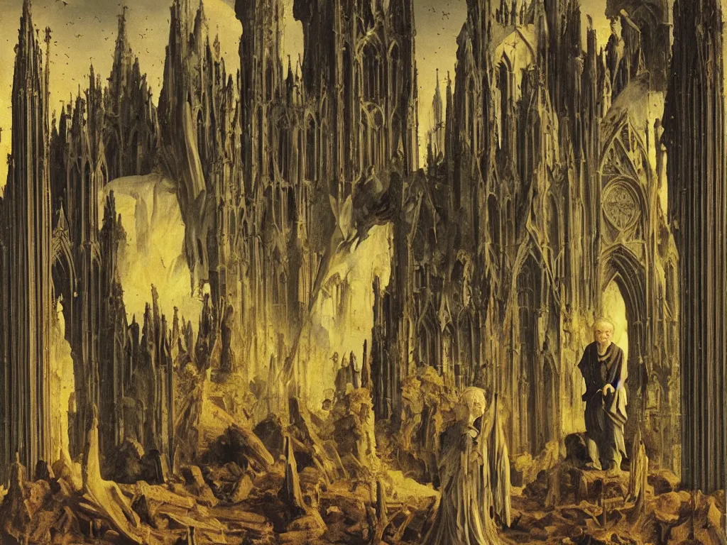 Image similar to albino mystic, with his back turned, looking in the distance at gothic cathedral in ruins, in the desert. Fireflies. Painting by Jan van Eyck, Audubon, Rene Magritte, Agnes Pelton, Max Ernst, Walton Ford