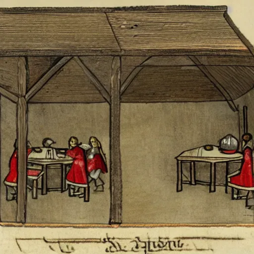 Image similar to Sketch of a medieval tavern with one floor, a counter, four round tables and a fireplace