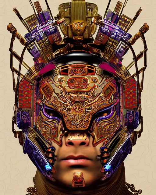 Image similar to portrait of a mayan masculine male cyberpunk jaguar warrior, machine face, upper half portrait, decorated with chinese opera motifs, muscular, asian, fine china, wuxia, traditional chinese art, intricate intense elegant, highly detailed symmetry headpiece digital painting artstation concept art smooth sharp focus illustration, art by moebius and frank miller alphonse mucha 8 k